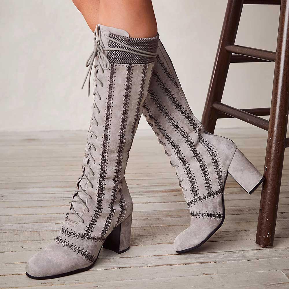 Grey Vegan Suede Stitching Detail Round-Toe Block Heel Lace Up Boots