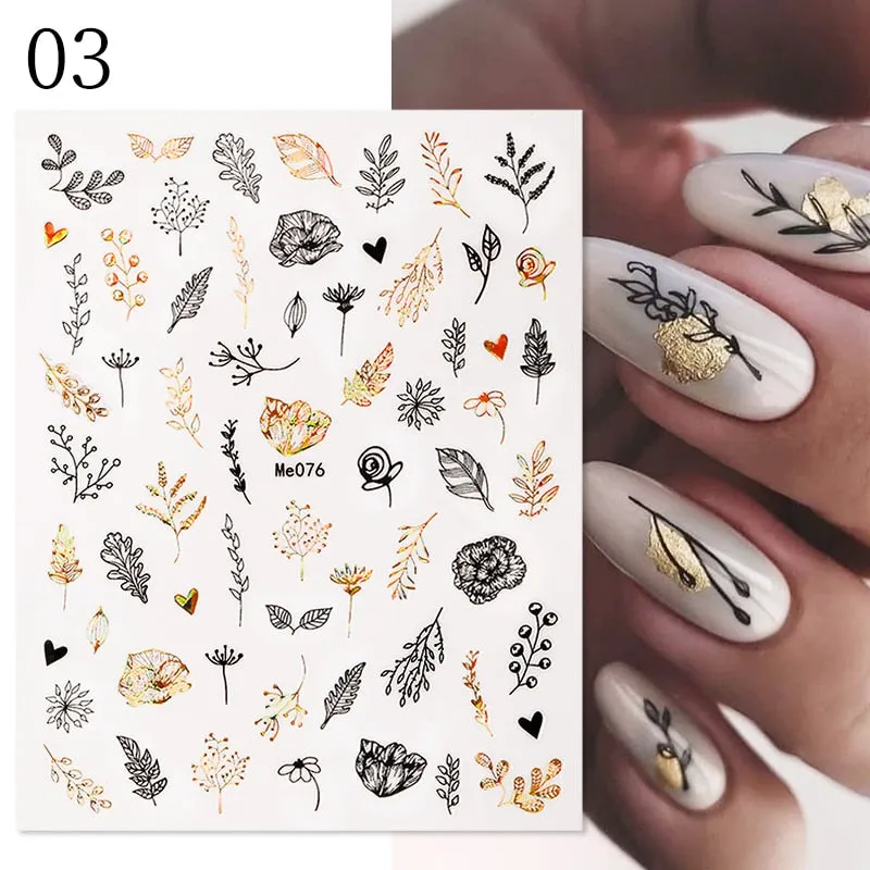 1 Pc 3D Nail Stickers Leaves Sliders for Nails Gold White Bronzing Flowers Gradient Adhesive Sticker Nail Design Art Decorations-Nail Inspo