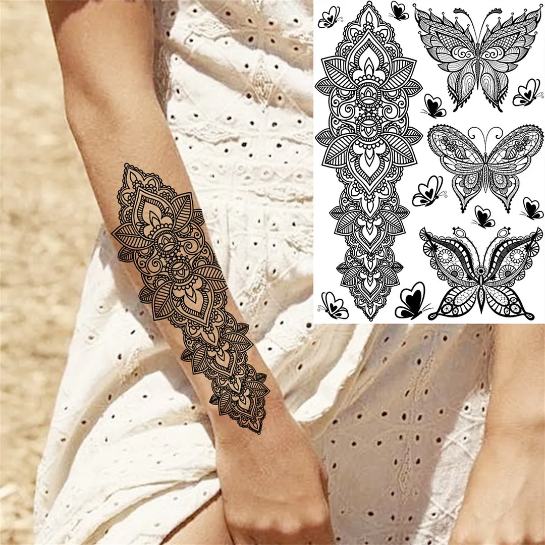 Sexy Black Henna Temporary Tattoos For Women Girls Lotus Flower Lace Tattoo Sticker Fake Jewelry Mandala Body Chest Tatoos Paper