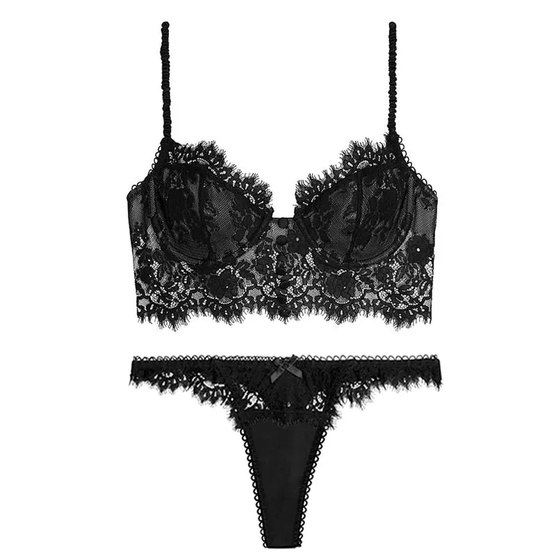 Sexy Lingerie Women Underwear Eyelash Lace Bralette Push Up Brassiere Pink Secret Bra Sensual Erotic Lingerie Bra and Panty Set