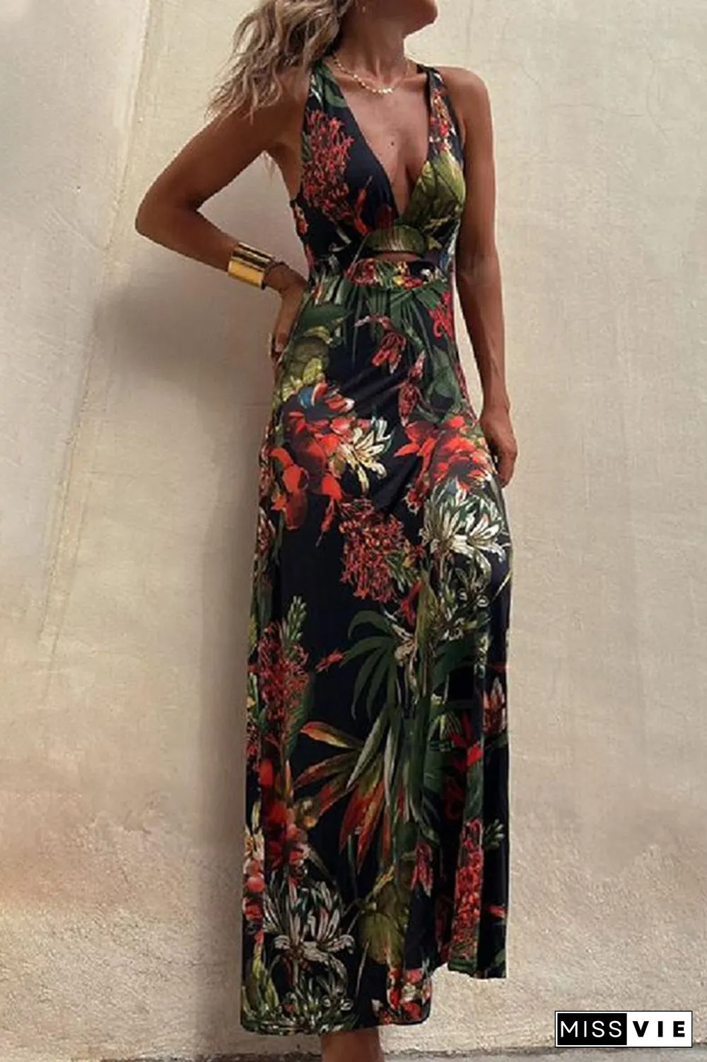 Sexy Vacation Floral Backless V Neck Printed Dress Dresses(3 Colors)