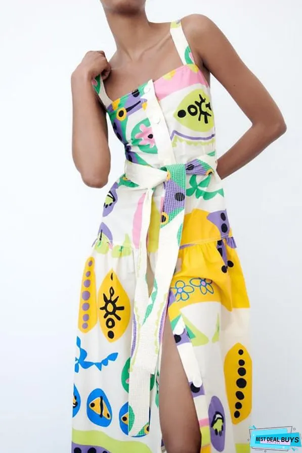 Button-breasted belted wide strap maxi dress
