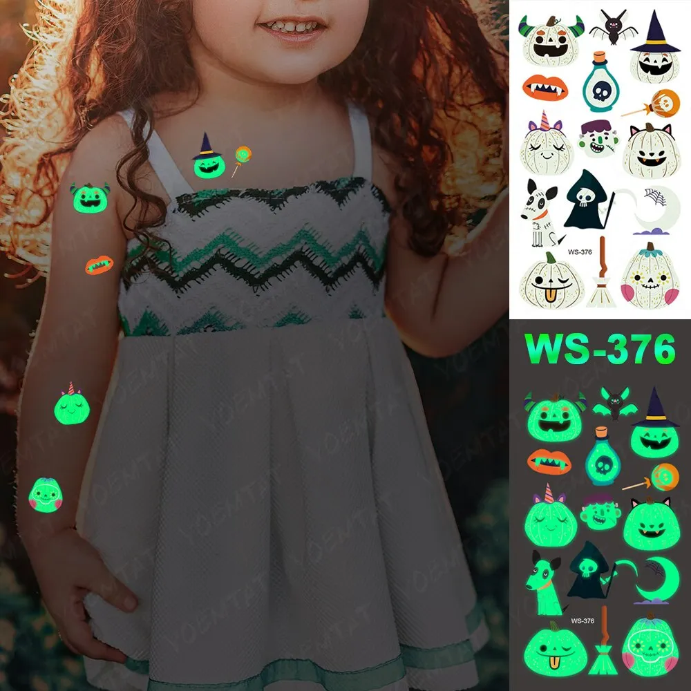 Sdrawing Temporary Luminous Tattoo Sticker Waterproof Pumpkin Skull Tatoo Arm Glowing Tattoos On Child Halloween Party Decor