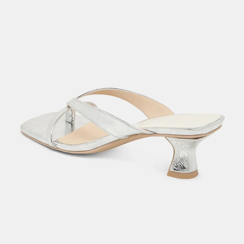 Silver Metallic Finish Open Square Toe Slide Sandals with Spool Heels