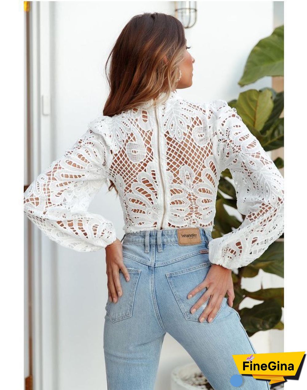 Pure White Hollow Lace Zipper Top