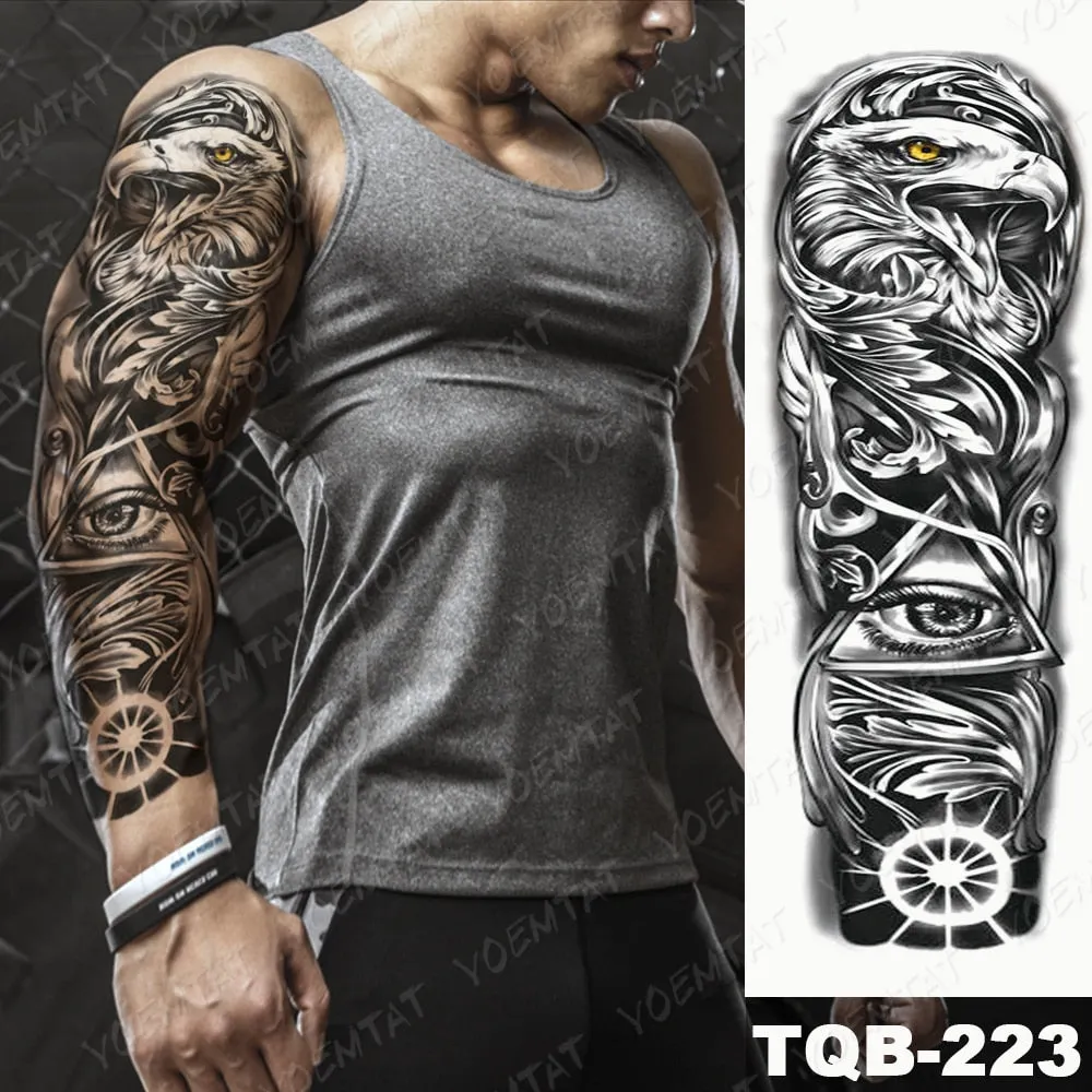 Large Arm Sleeve Tattoo Bird Crow Forest Moon Waterproof Temporary Tatto Sticker Lion Wolf Clock Body Art Full Fake Tatoo Men