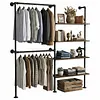 [US Local Warehouse] 14.6x76x82.7Inch Industrial Pipe Clothing Rack with Hanging Rods Heavy Duty Clothes Organizer Large Capacity Display Hanging Garment Rod Wooden Clothes Storage Shelves for Walk In Closet