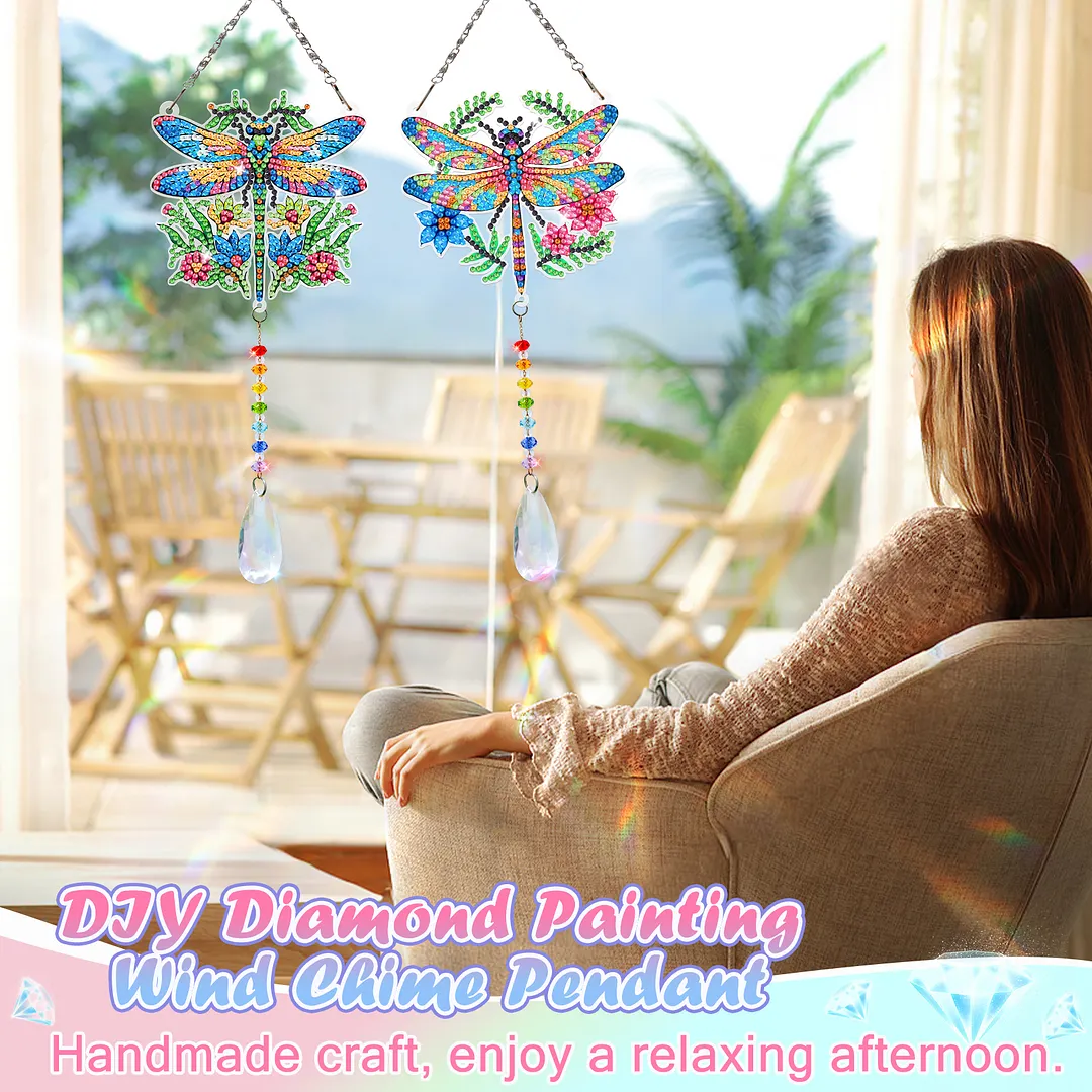 2Pcs Garden Dragonfly DIY Double-Sided Diamond Painting Hanging Kits Diamond Painting Suncatcher Craft Kit for Home Garden Wall Decor Gift
