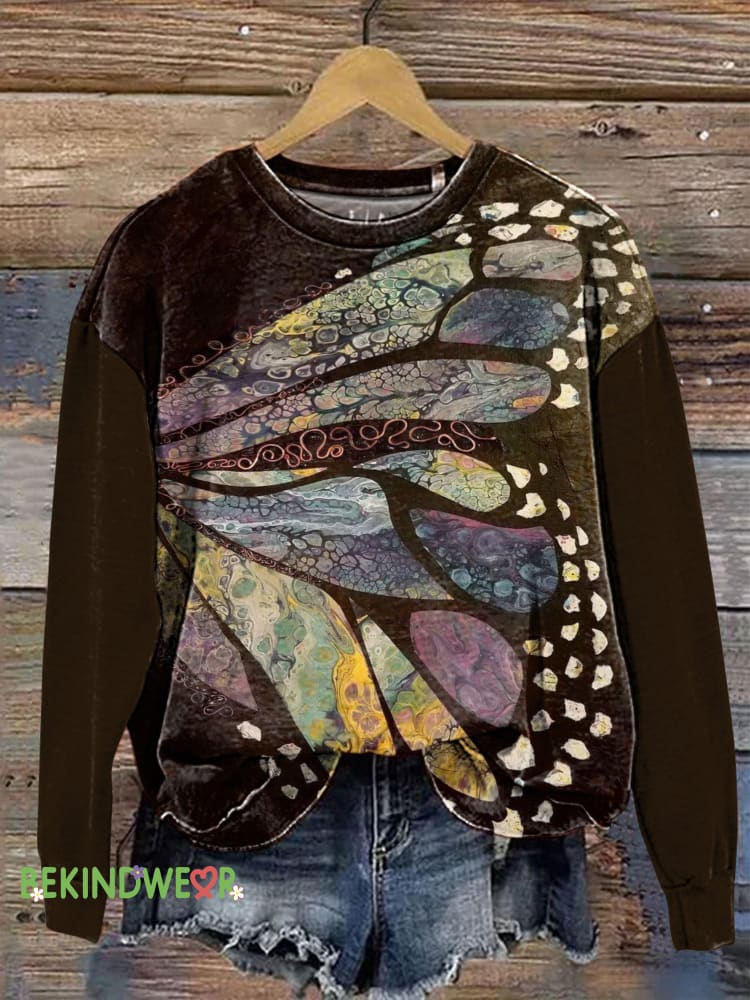One Side Butterfly Wing Print Casual Sweatshirt Multicolor / S