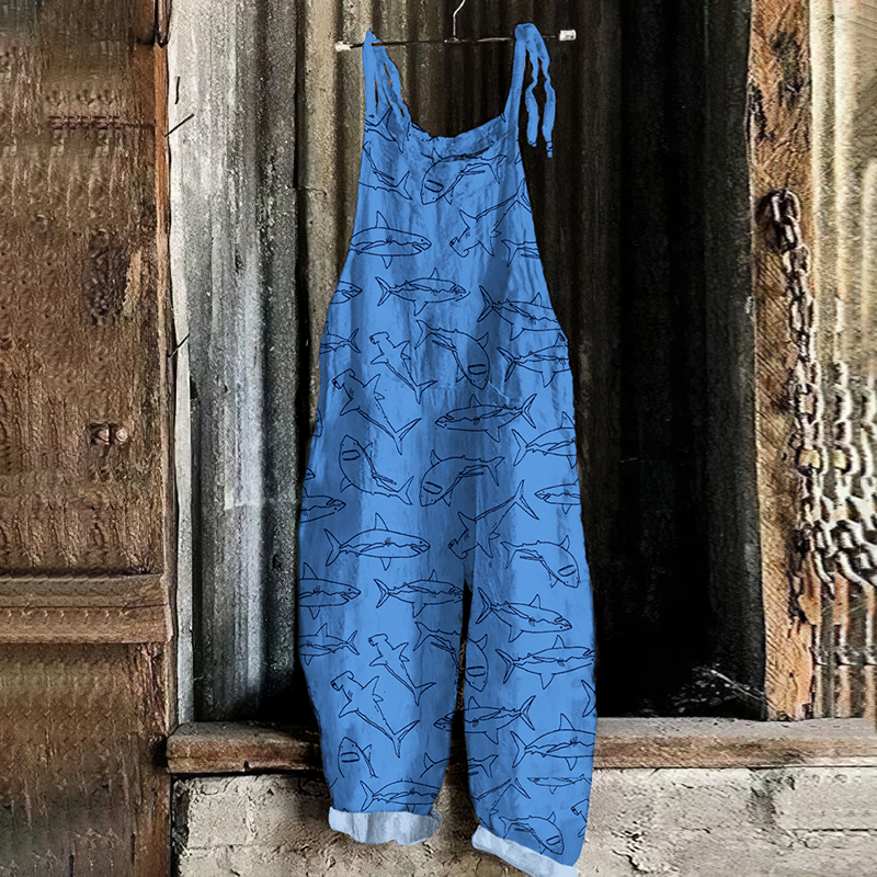 Vintage Sea ​​Animal Shark Graphic Painting Art Loose Jumpsuit