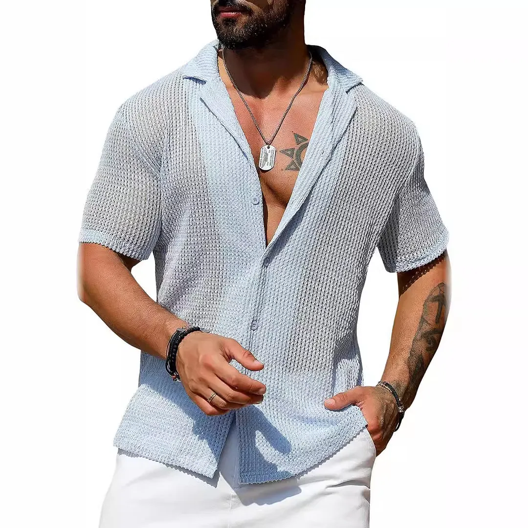 Brownm Brownm Men's Summer Cool Shirt Men's Casual Knit Hollow Out Breathable Short Sleeved Lapel Fashion Men's Wear