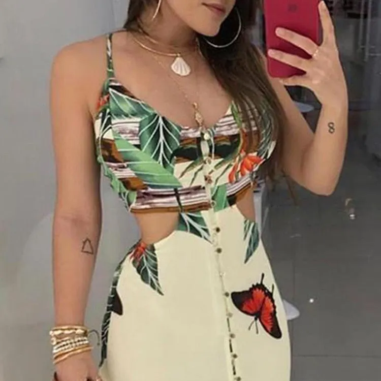 2021 Europe and the United States new sexy embellished buckle cut hollow print dress
