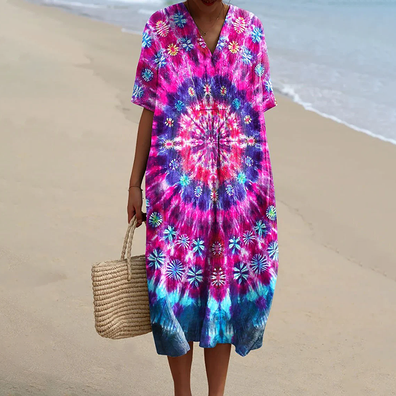 Vintage Hippie Vibe Mandala Tie-dye Pattern Printed Women's Flowy Dress artswardrobe