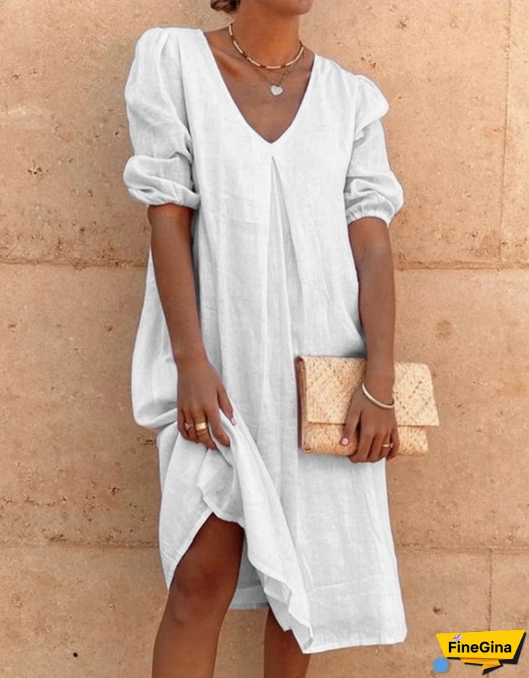 XIEYINSHE Europe and America Cross Border Wish Cotton Linen Solid Color Fashion Medium Long Sleeve Long Casual Mid-Length Dress