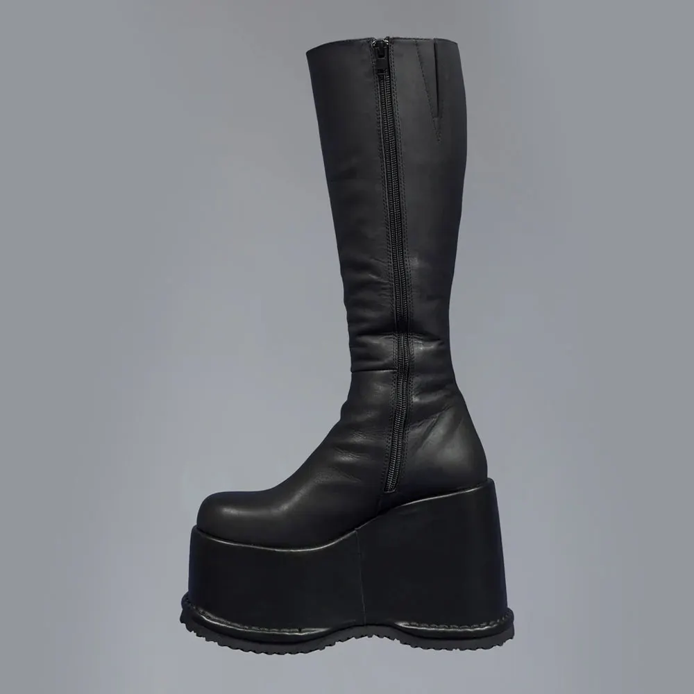 Women's Black Round Toe Wedge High Heel Platfrom Boots with Zip