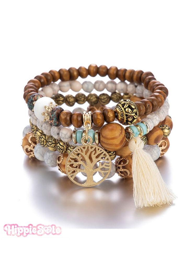 Ethnic Multi Layered Wooden Beads Stretch String Bracelet White / Onesize