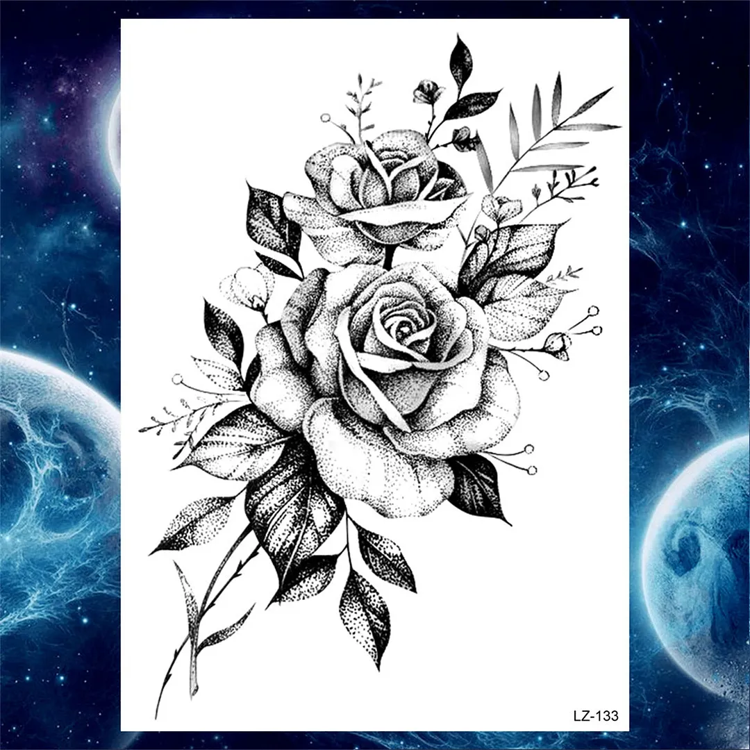 Flower Compass Temporary Tattoo For Women Girls Adult Rose Peony Tattoos Sticker Fake Black Floral Body Art Thigh Tatoos Paper