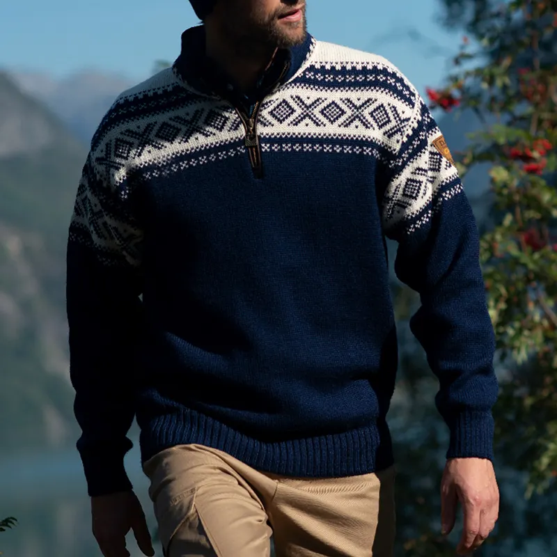 Vintage Warmth Hemsedal Knit Jacquard Icelandic Half Zip Collar Sweater（Unisex ）