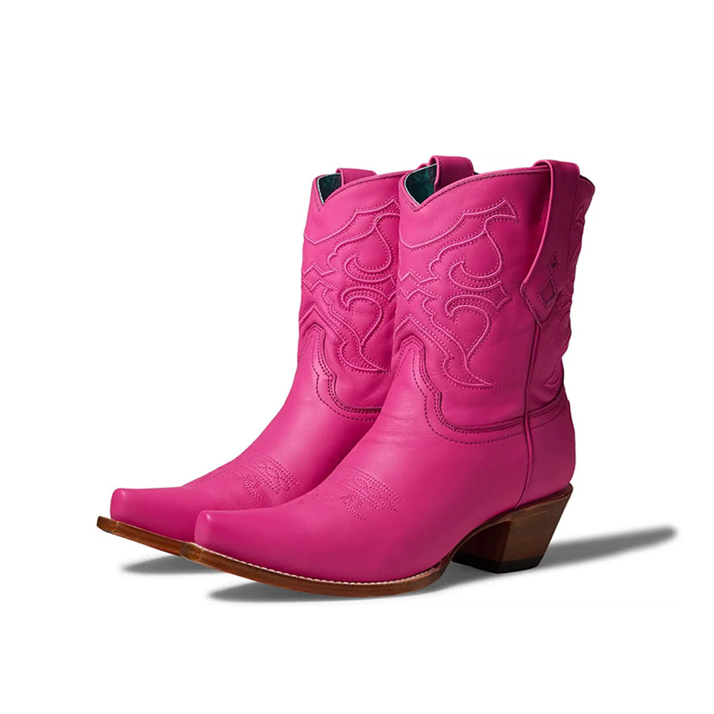 Pink Vegan Leather Embroidered Women's Block Heeled Cowgirl Ankle Boots