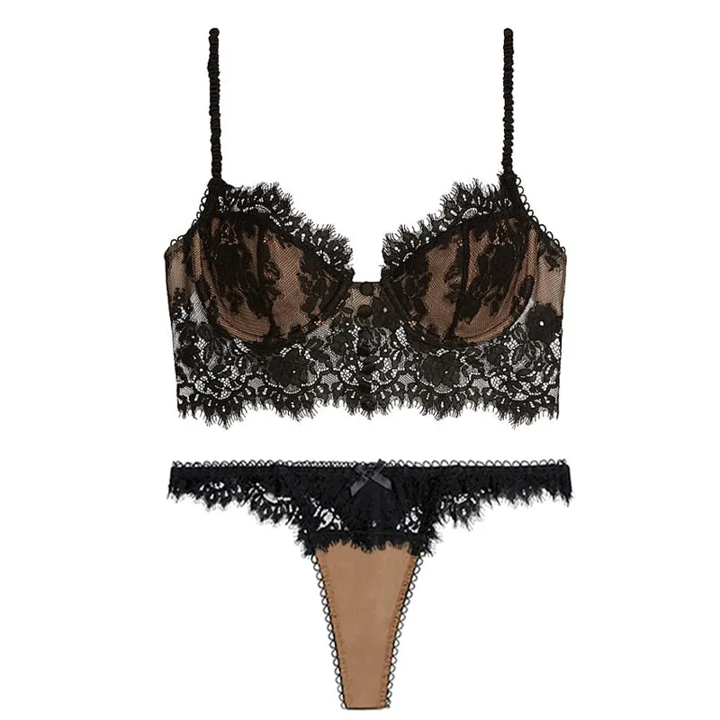 Sexy Lingerie Women Underwear Eyelash Lace Bralette Push Up Brassiere Pink Secret Bra Sensual Erotic Lingerie Bra and Panty Set