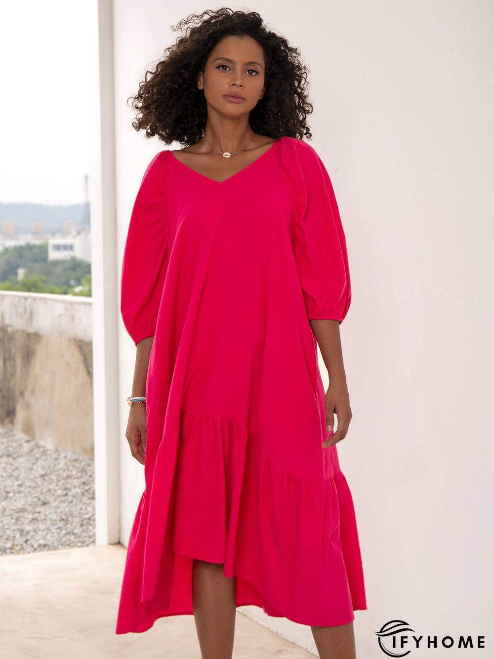 Plain Holiday Balloon Sleeve Cotton-Blend Weaving Dress | IFYHOME