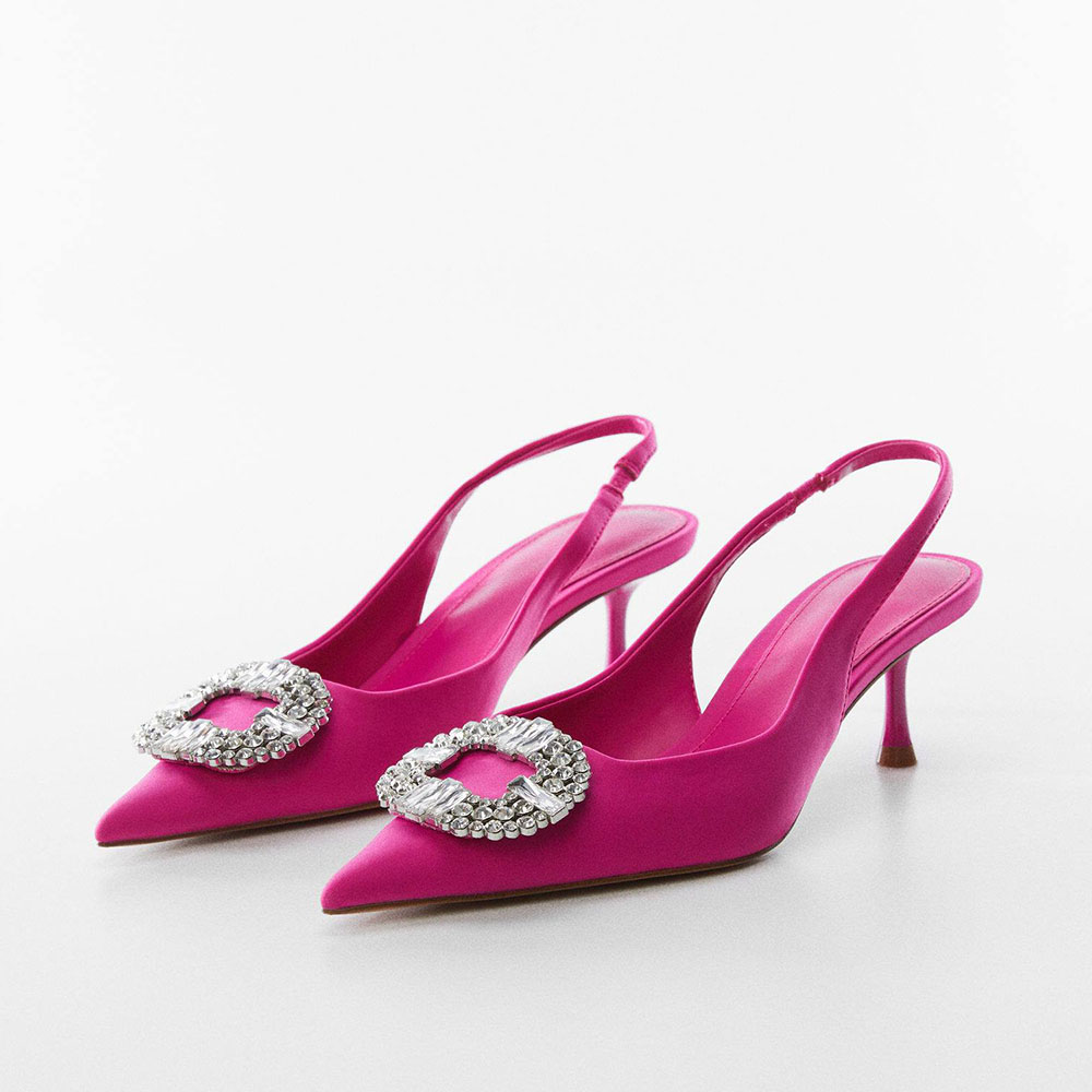 Hot Pink Satin Kitten Heel Rhinestone Buckle Slingback Pumps Nicepairs