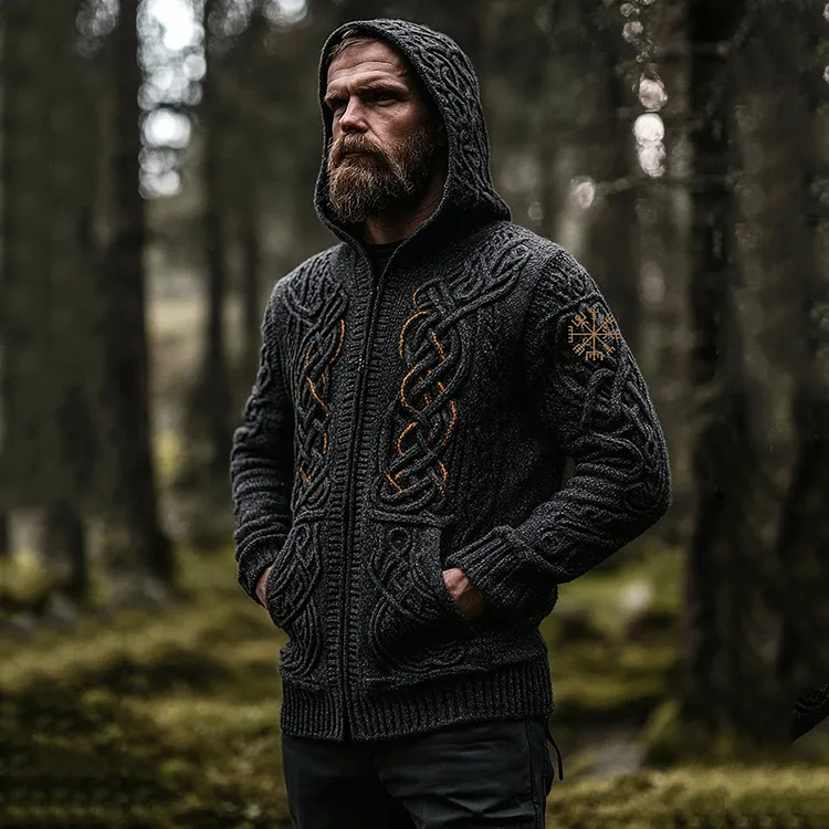 Men's Vintage Viking Inspired Celtic Jacquard Hooded Sweater Cardigan