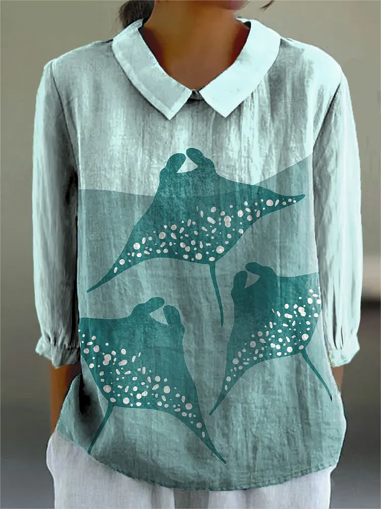 Women's Deep Sea Manta Art Print Casual Cotton And Linen 3/4 Sleeve Shirt
