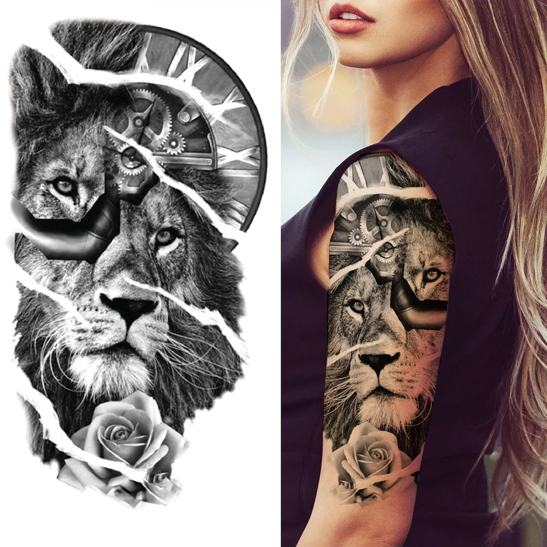 Lion King Crown Temporary Tattoos For Women Men Adult Black Tiger Forest Skull Tattoo Sticker Fake Skeleton Fashion Tatoo Flower