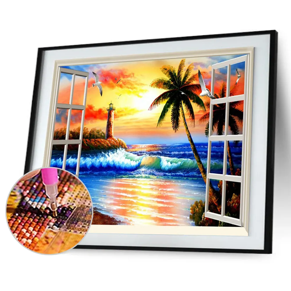 Diamond Painting - Full Round Drill - Sunset Window Beach(40*30cm)