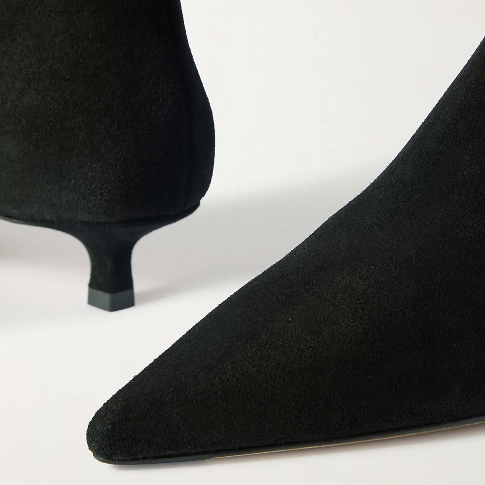 Black Vegan Suede Kitten Heel Zipper Pointed Toe Booties for Women