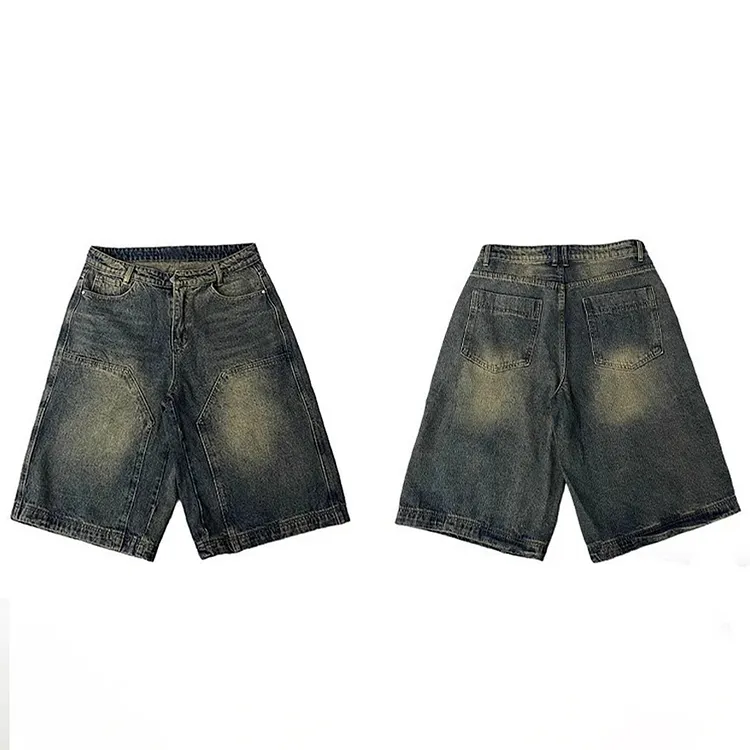 Hiphop Retro Mesh Wide-Leg 6-Point Denim Shorts