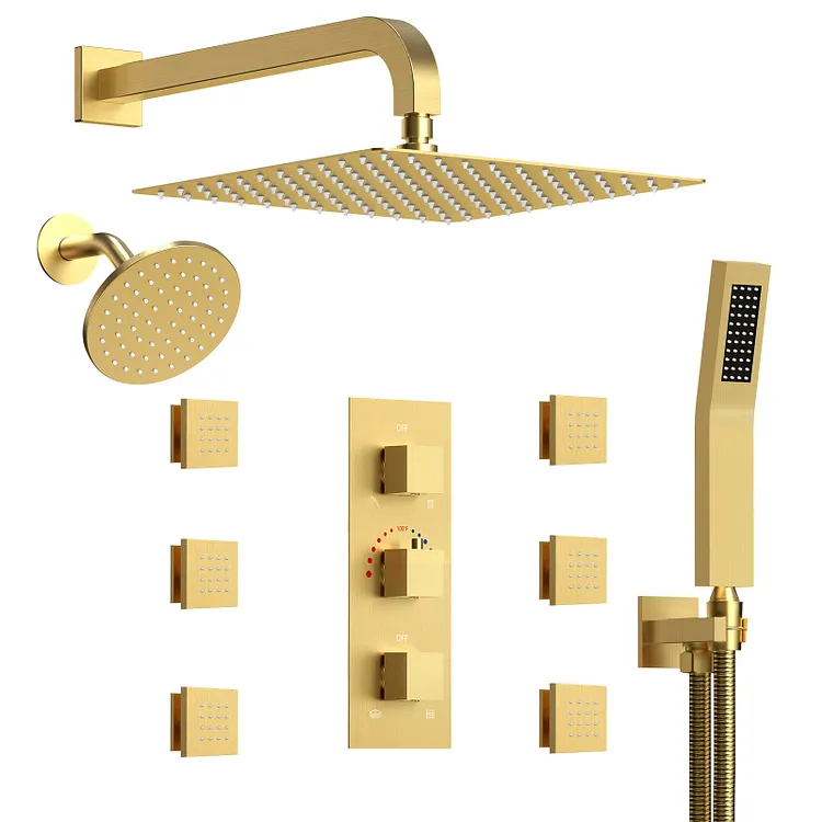 EVERSTEIN 12" Thermostatic Shower System with Handheld & 6 Body Jets, Brushed Gold