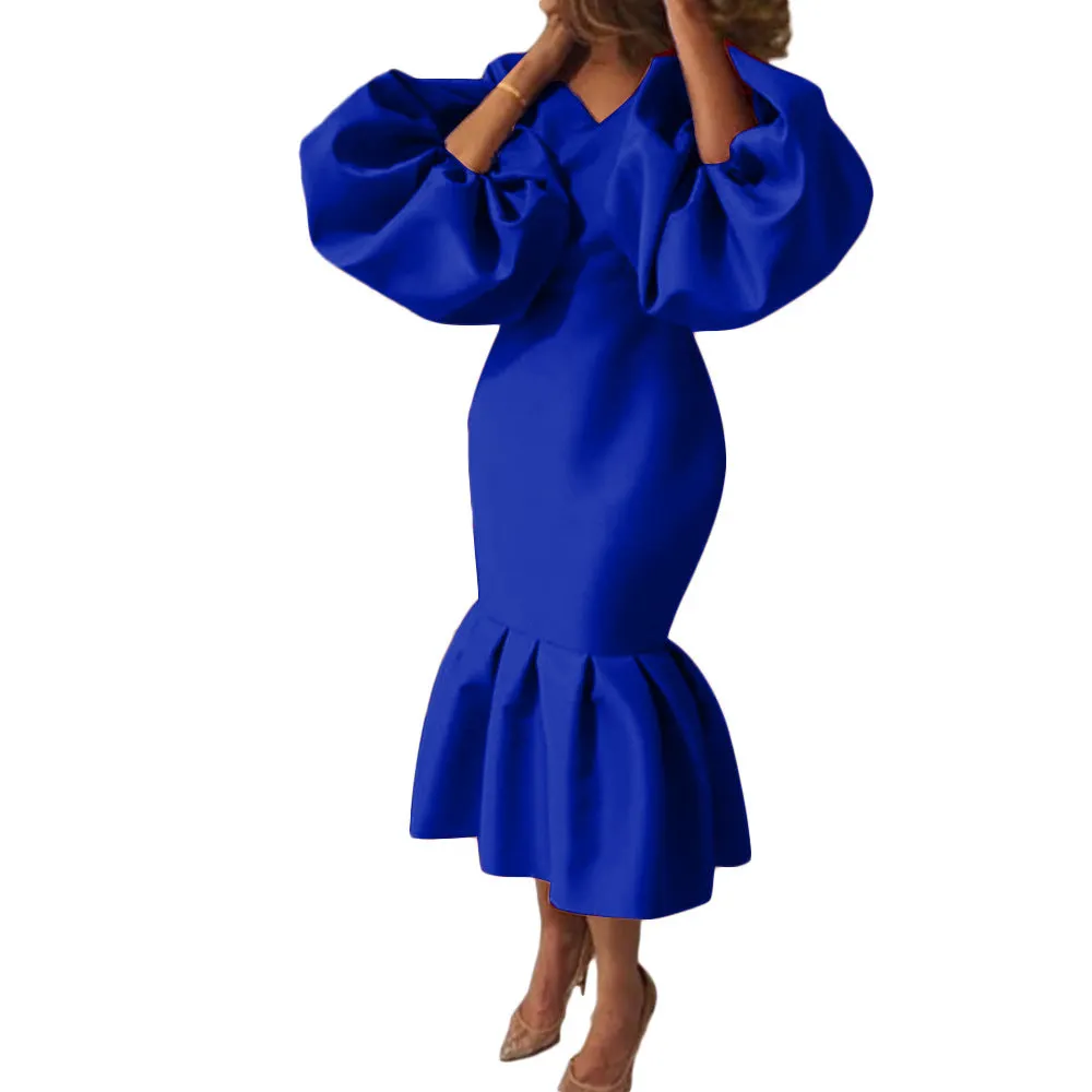 Brownm Commute Plus Size Women's Fashion Solid Color V-neck Bubble Long Sleeve Fishtail Dress