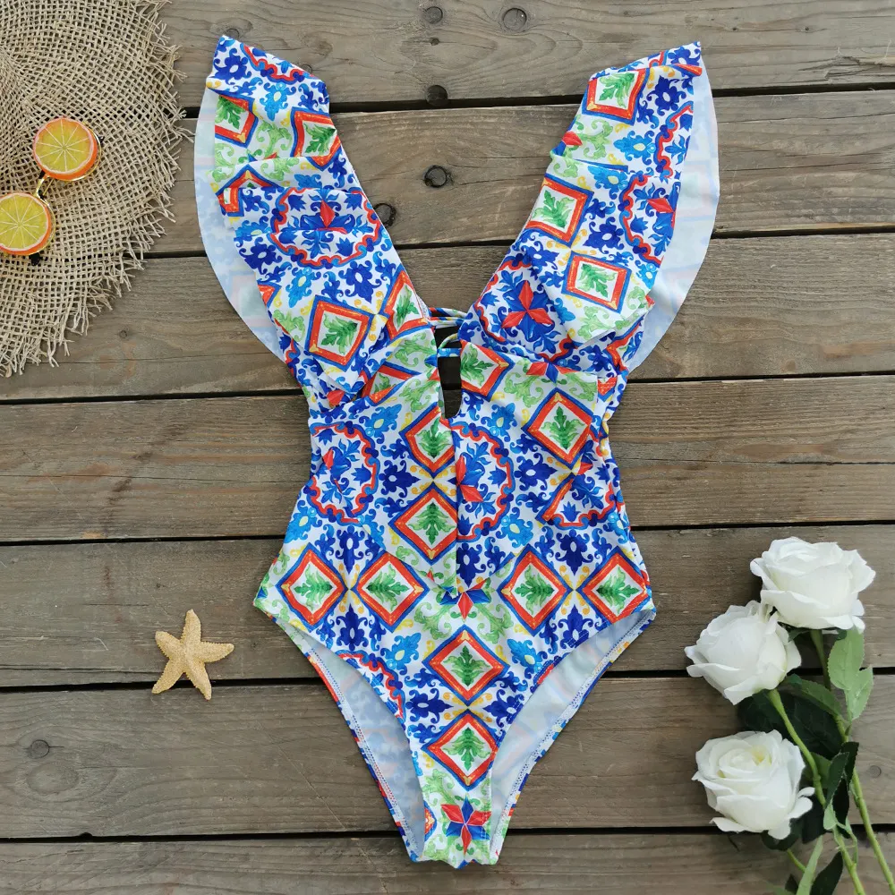 Churchf Printed Flowers Even Lotus Leaf Side Body Swimsuit Women 2025 New Swimsuit Bare Back