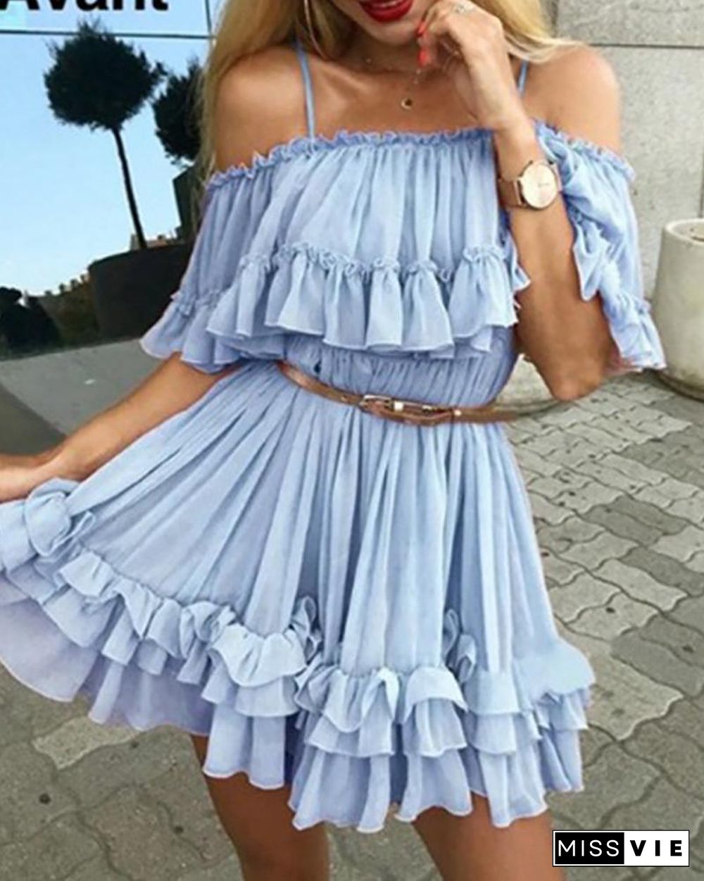 Cold Shoulder Frill Layered Ruffles Dress P10875