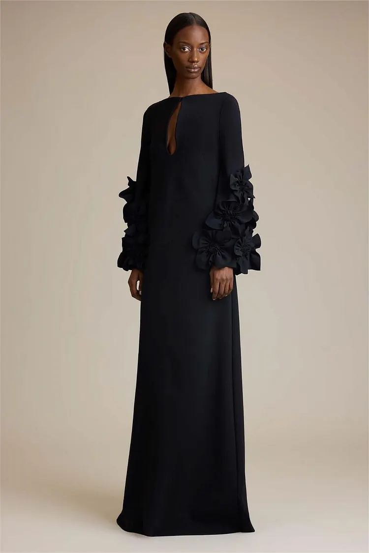 3D Floral Solid Cut-Out Maxi Dress