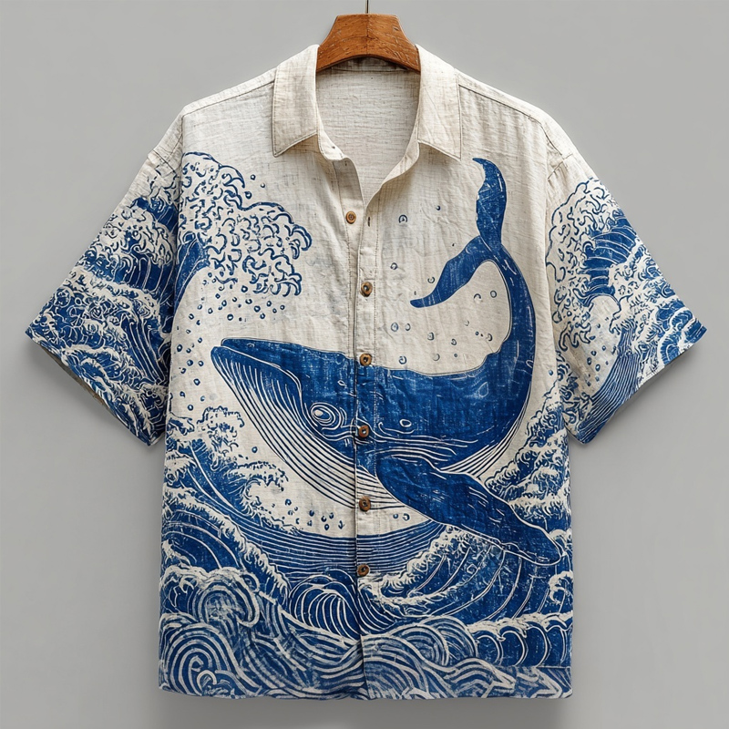 Vintage Japanese Waves & Whale Linocut Art Linen Shirt