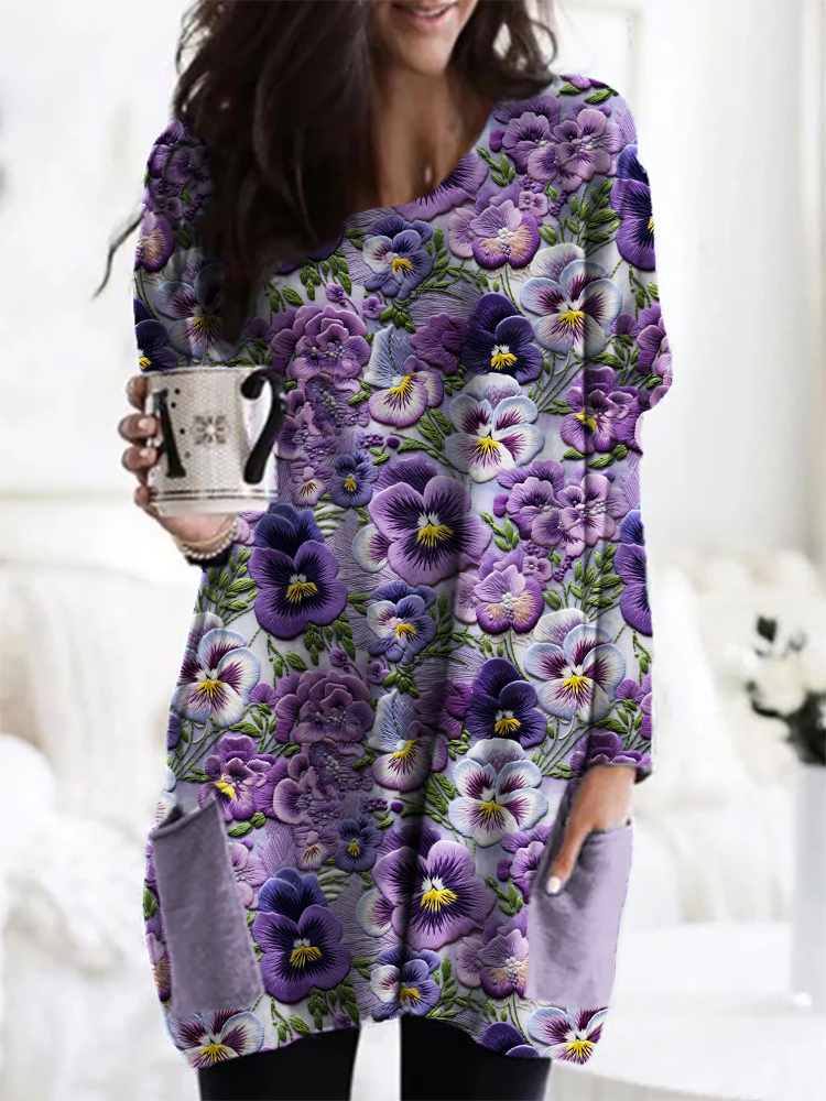 Pansy Floral Embroidery Pattern Cozy Tunic artswardrobe