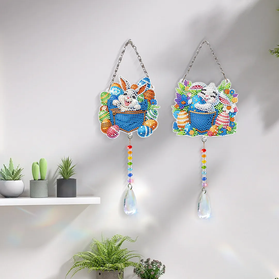2Pcs Pocket Rabbit DIY Acrylic Diamond Painting Art Wind Chimes with Crystal Pendant Diamond Art Hanging Pendant Double-Sided for Adults Beginners Gift Home Garden Decor