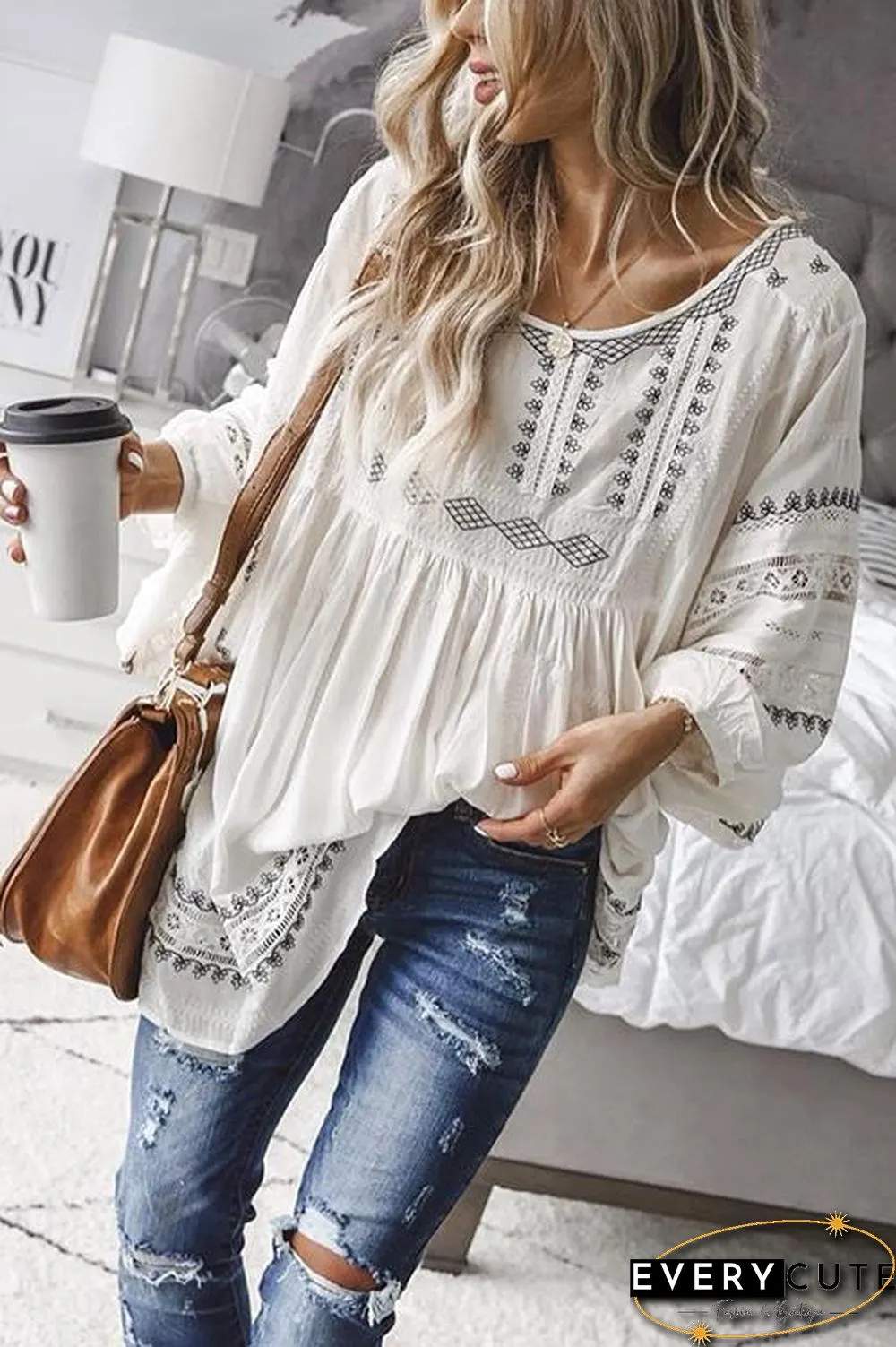 Print O Neck Loose Cover Blouse
