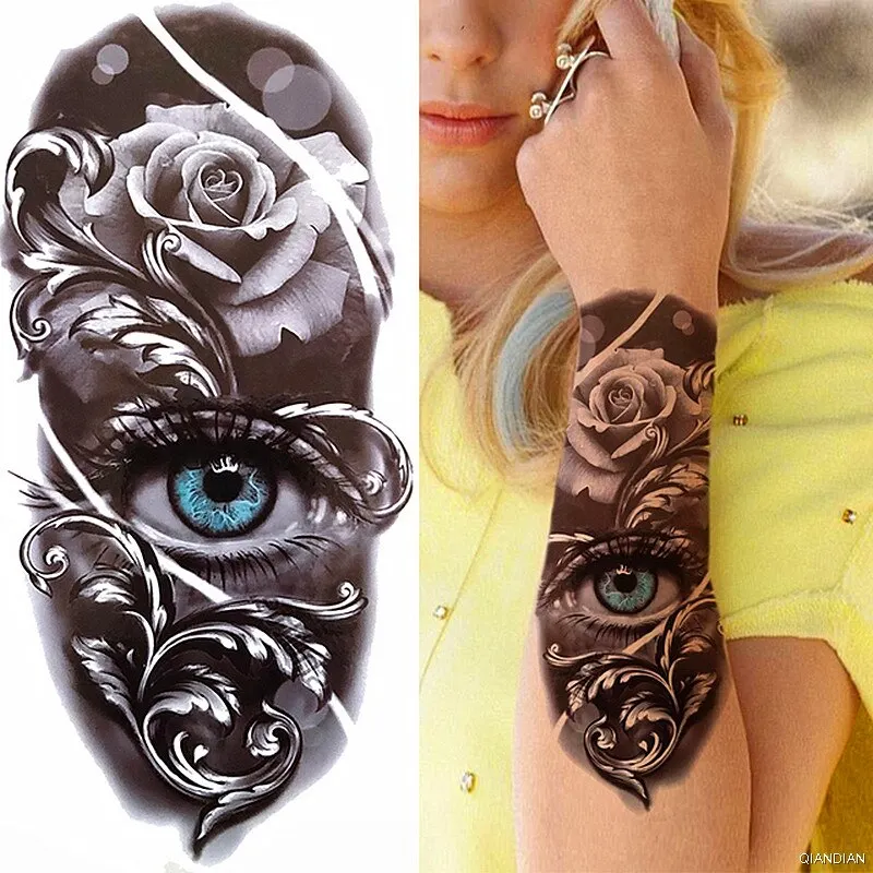 Black Sexy Flower Temporary Tattoos Sticker Arm Sleeve Rose Tree Skull Lion Bear Snake Henna Body Decorate Fake 3D Women Totem