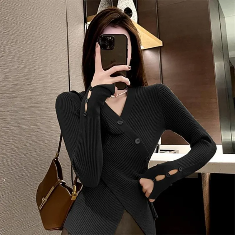 Churchf Churchf 2023 Pure And Slim V Neck Sweater Cross A4 Waist Slim Slit Sleeve Knit Long Sleeve Inside