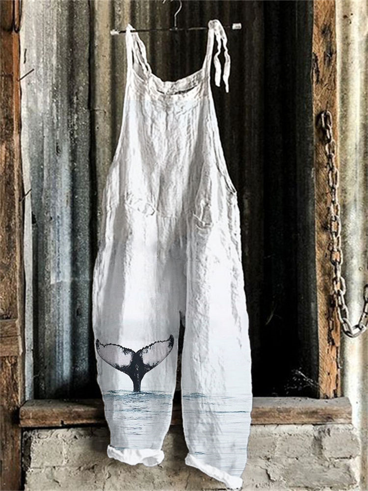 Whale Tail Art Print Linen Blend Casual Jumpsuit