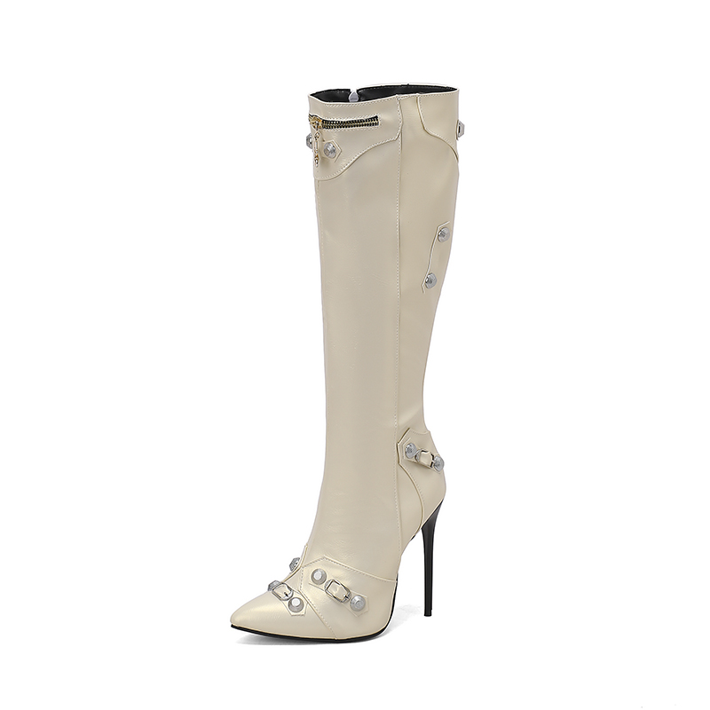 GOOSHOE Rivet Metal Zipper Decoration Punk Knee High Boots With Pointed Tips Ultra-High Thin Heels Plush Women's Boots