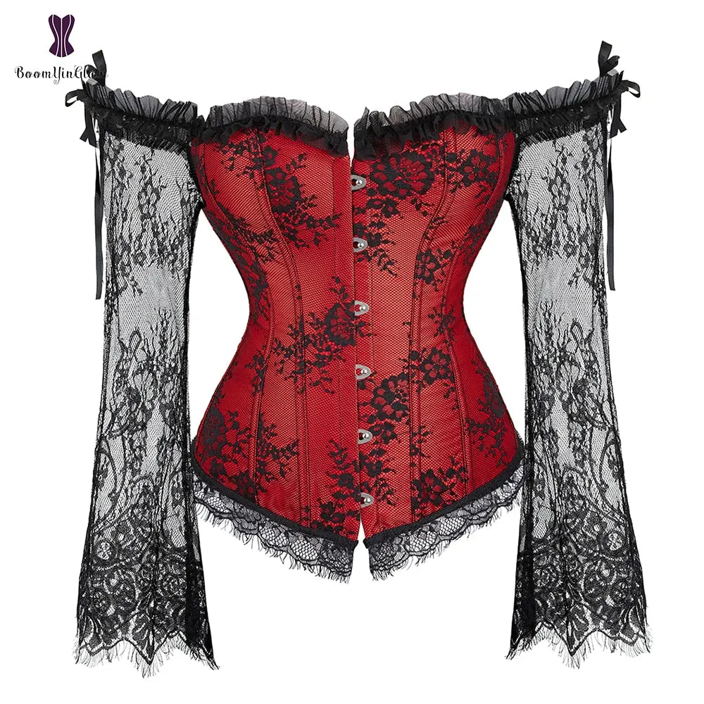 Corset Top Bustier Lingerie Women with Long Sleeves Renaissance Plus Size Lace Floral Sexy Costumes Burlesque Red Black