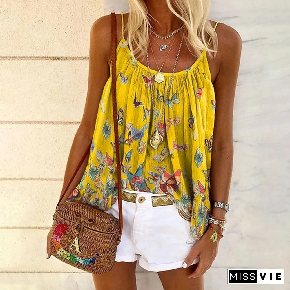 Women's Fashion Summer Casual Loose Butterfly Print Vest Plus Size