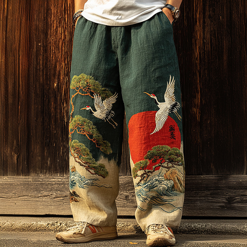 Men's Vintage Japanese Pine Crane Embroidery Art Casual Linen Blend Pants  artssus