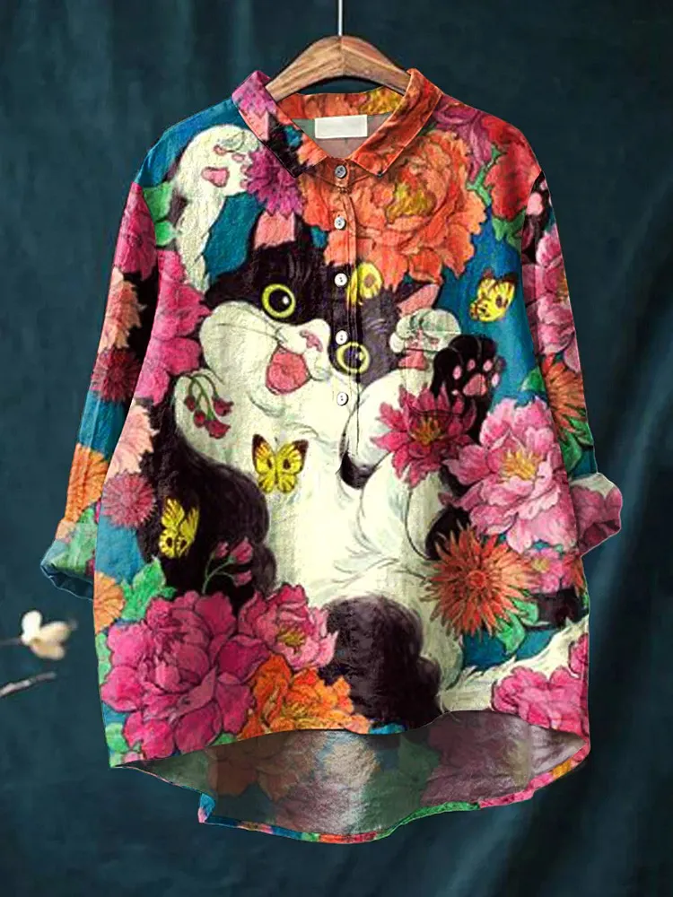 Womens Cat Flower  Art Print Casual Cotton And Linen Shirt
