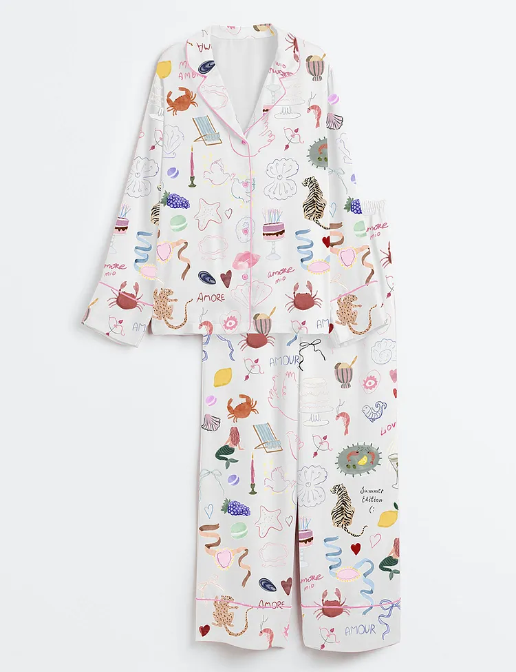 Women&rsquo;s Whimsical Hand Drawn Love Dolce Vita Italy Wedding Icons Summer Seashell Line Art Print Long Sleeve Satin Pajama Set
